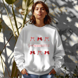 White sweatshirt with red bows print and Sweet but never subtle text– feminine and minimal, from Bhoomkins’ Coquette collection