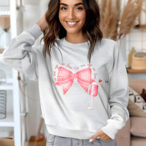 Ash sweatshirt with cute pink checkered bow and mocktail and Tie me up in love text – feminine and minimal, from Bhoomkins’ Coquette collection