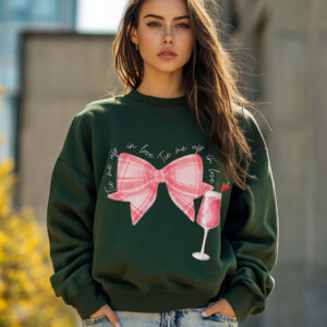 Forest Green sweatshirt with cute pink checkered bow and mocktail and Tie me up in love text – feminine and minimal, from Bhoomkins’ Coquette collection
