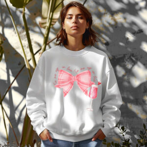 White sweatshirt with cute pink checkered bow and mocktail and Tie me up in love text – feminine and minimal, from Bhoomkins’ Coquette collection