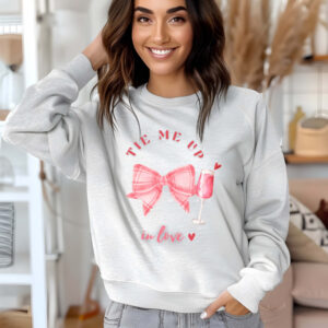 Ash sweatshirt with checkered pink bow and mocktail Print and Tie me up in love text – feminine and minimal, from Bhoomkins’ Coquette collection