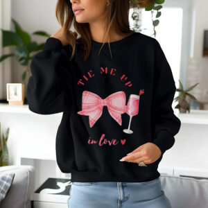 Black sweatshirt with checkered pink bow and mocktail Print and Tie me up in love text – feminine and minimal, from Bhoomkins’ Coquette collection