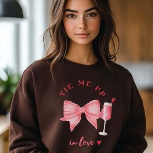 Dark Chocolate sweatshirt with checkered pink bow and mocktail Print and Tie me up in love text – feminine and minimal, from Bhoomkins’ Coquette collection