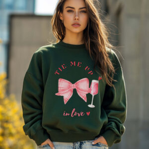 Forest Green sweatshirt with checkered pink bow and mocktail Print and Tie me up in love text – feminine and minimal, from Bhoomkins’ Coquette collection