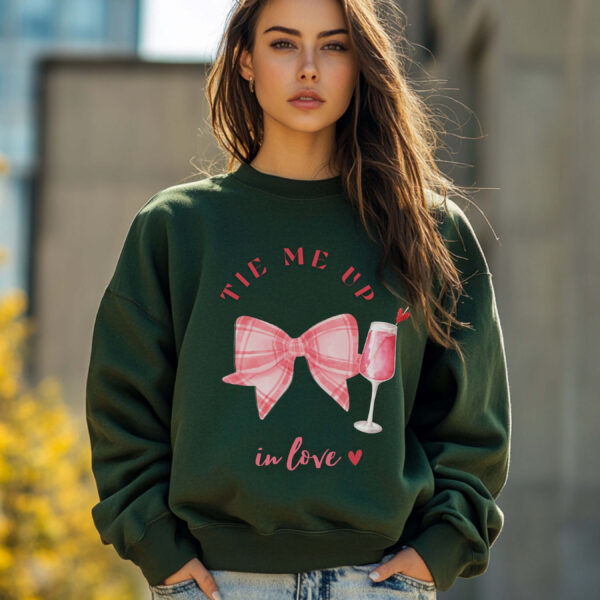 Forest Green sweatshirt with checkered pink bow and mocktail Print and Tie me up in love text – feminine and minimal, from Bhoomkins’ Coquette collection