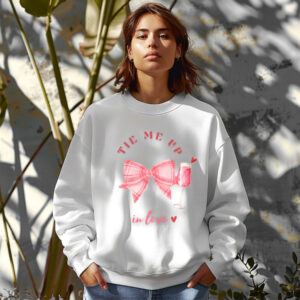 White sweatshirt with checkered pink bow and mocktail Print and Tie me up in love text – feminine and minimal, from Bhoomkins’ Coquette collection