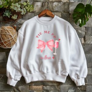 White sweatshirt with checkered pink bow and mocktail Print and Tie me up in love text – feminine and minimal, from Bhoomkins’ Coquette collection