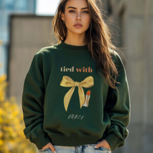 Forest Green sweatshirt with cute mustard bow and Tie with Grace text – feminine and minimal, from Bhoomkins’ Coquette collection