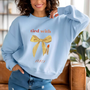 Light Blue sweatshirt with cute mustard bow and Tie with Grace text – feminine and minimal, from Bhoomkins’ Coquette collection