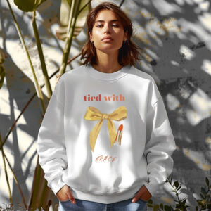 White sweatshirt with cute mustard bow and Tie with Grace text – feminine and minimal, from Bhoomkins’ Coquette collection
