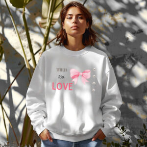 White sweatshirt with cute pink bow and pearls and Tied with Love text – feminine and minimal, from Bhoomkins’ Coquette collection