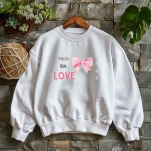 White sweatshirt with cute pink bow and pearls and Tied with Love text – feminine and minimal, from Bhoomkins’ Coquette collection