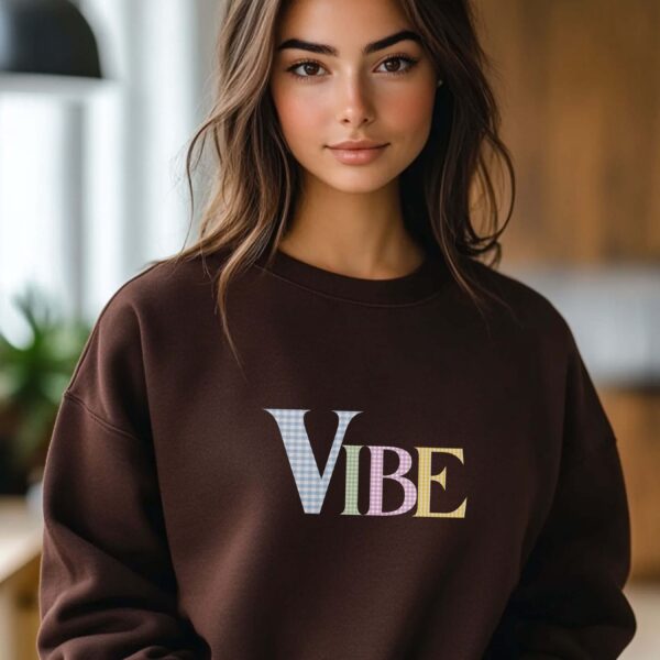 Dark Chocolate sweatshirt with pastel checked letters spelled as Vibe – feminine and minimal, from Bhoomkins’ Sweatshirts collection