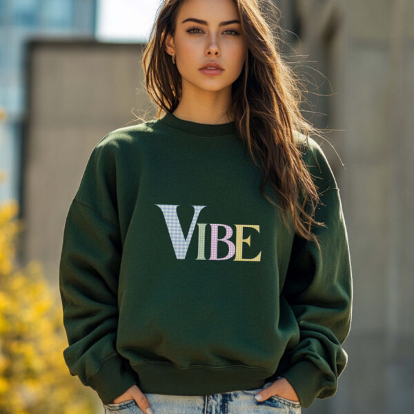 Forest Green sweatshirt with pastel checked letters spelled as Vibe – feminine and minimal, from Bhoomkins’ Sweatshirts collection