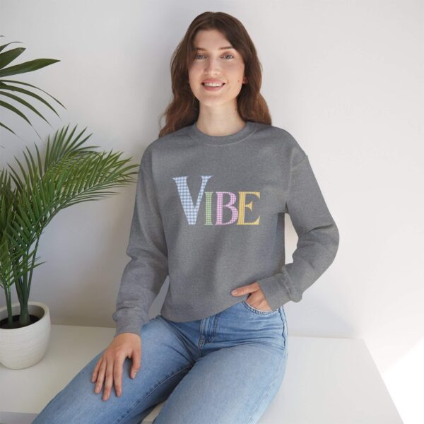 Graphite Heather sweatshirt with pastel checked letters spelled as Vibe – feminine and minimal, from Bhoomkins’ Sweatshirts collection