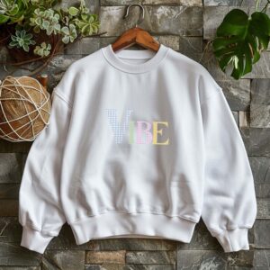 White sweatshirt with pastel checked letters spelled as Vibe – feminine and minimal, from Bhoomkins’ Sweatshirts collection