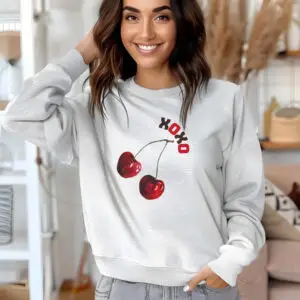 Ash cozy sweatshirt with cute cherry print – feminine and minimal, from Bhoomkins’ cherry collection