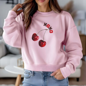 Light Pink sweatshirt with cute cherry print and XOXO text– feminine and minimal, from Bhoomkins’ cherry collection