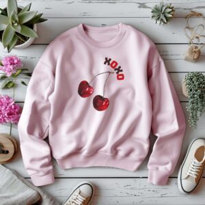 Light Pink sweatshirt with cute cherry print and XOXO text– feminine and minimal, from Bhoomkins’ cherry collection