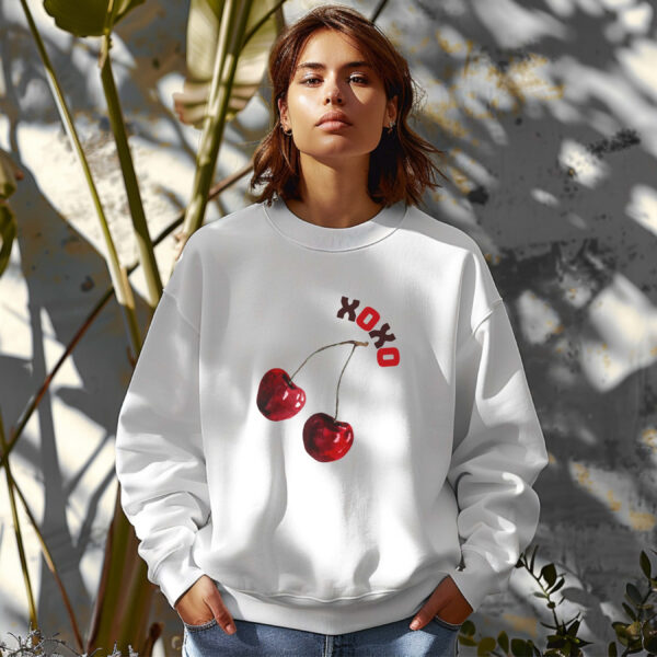 White cozy sweatshirt with cute cherry print and XOXO text– feminine and minimal, from Bhoomkins’ cherry collection