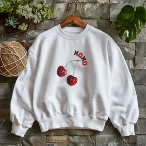 White sweatshirt with cute cherry print and XOXO text– feminine and minimal, from Bhoomkins’ cherry collection