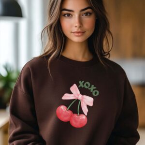 Dark Chocolate sweatshirt with cute cherry print and XOXO text– feminine and minimal, from Bhoomkins’ cherry collection