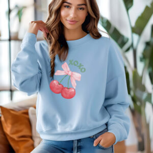 Light Blue sweatshirt with cute cherry print and XOXO text– feminine and minimal, from Bhoomkins’ cherry collection