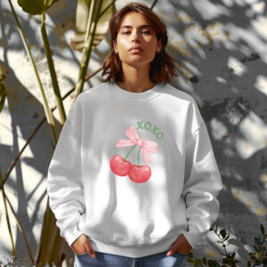 White sweatshirt with cute cherry print and XOXO text– feminine and minimal, from Bhoomkins’ cherry collection