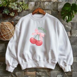 White sweatshirt with cute cherry print and XOXO text– feminine and minimal, from Bhoomkins’ cherry collection