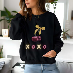 Black sweatshirt with cute Cherry Bow and XOXO text – feminine and minimal, from Bhoomkins’ Cherry collection