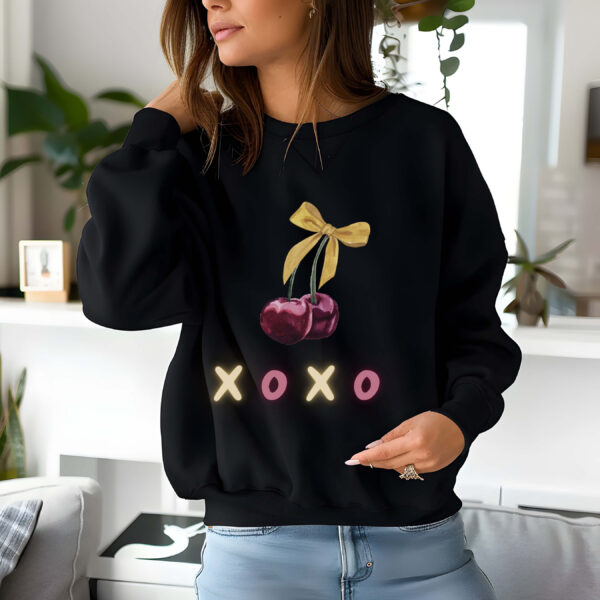 Black sweatshirt with cute Cherry Bow and XOXO text – feminine and minimal, from Bhoomkins’ Cherry collection