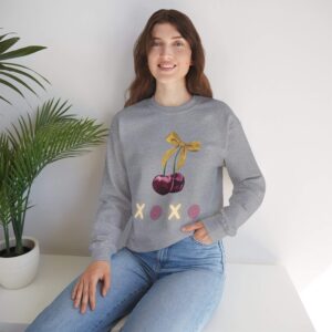Sport Grey sweatshirt with cute Cherry Bow and XOXO text – feminine and minimal, from Bhoomkins’ Cherry collection