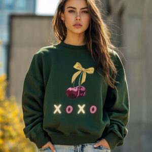 Forest Green sweatshirt with cute Cherry Bow and XOXO text – feminine and minimal, from Bhoomkins’ Cherry collection