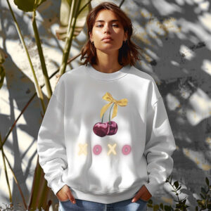 White sweatshirt with cute Cherry Bow and XOXO text – feminine and minimal, from Bhoomkins’ Cherry collection