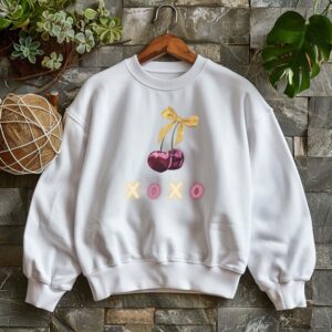 White sweatshirt with cute Cherry Bow and XOXO text – feminine and minimal, from Bhoomkins’ Cherry collection
