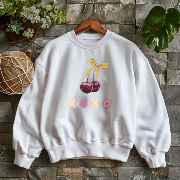 White sweatshirt with cute Cherry Bow and XOXO text – feminine and minimal, from Bhoomkins’ Cherry collection