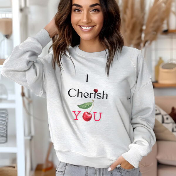 Ash sweatshirt with Cute Cherry Print and I Cherish You text– feminine and minimal, from Bhoomkins’ Cherry collection