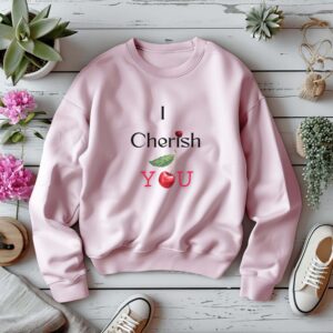 Light Pink sweatshirt with Cute Cherry Print and I Cherish You text– feminine and minimal, from Bhoomkins’ Cherry collection