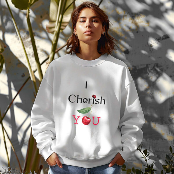 White sweatshirt with Cute Cherry Print and I Cherish You text– feminine and minimal, from Bhoomkins’ Cherry collection