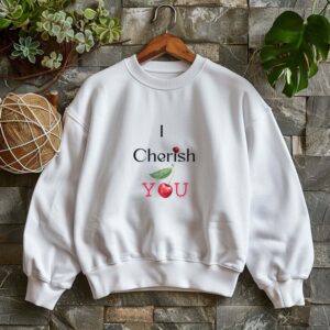 White sweatshirt with Cute Cherry Print and I Cherish You text– feminine and minimal, from Bhoomkins’ Cherry collection