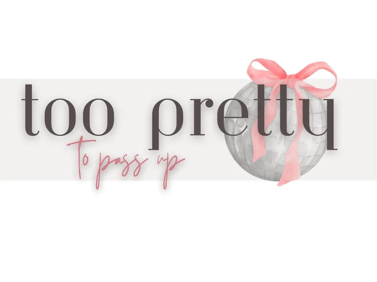 Dance party ball with a cute pink bow with Too Pretty to Pass Up text for the Shop page