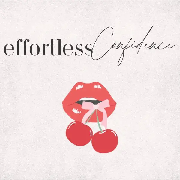 Red lips with cherry and Effortless Confidence text for About Us signature Aesthetic section